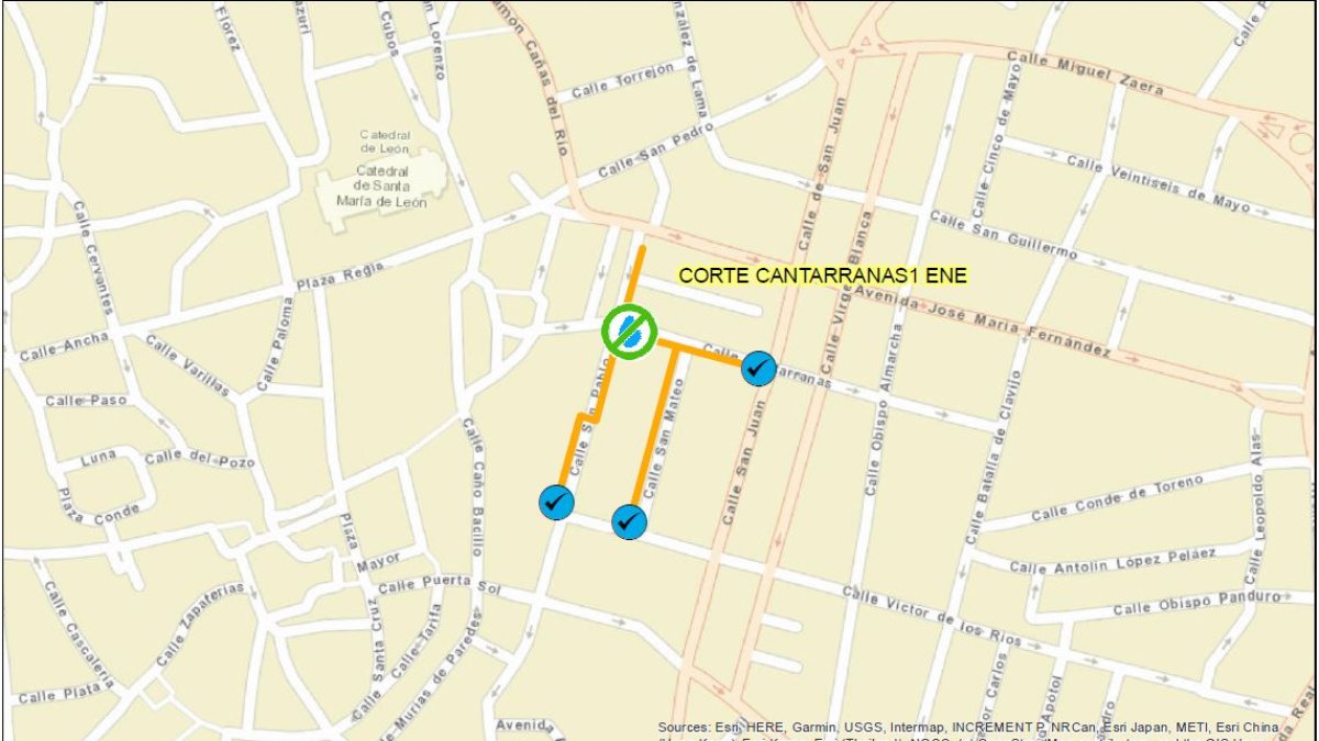 Calles en las que se cortará el suministro de agua este martes. AYUNTAMENTO DE LEÓN
