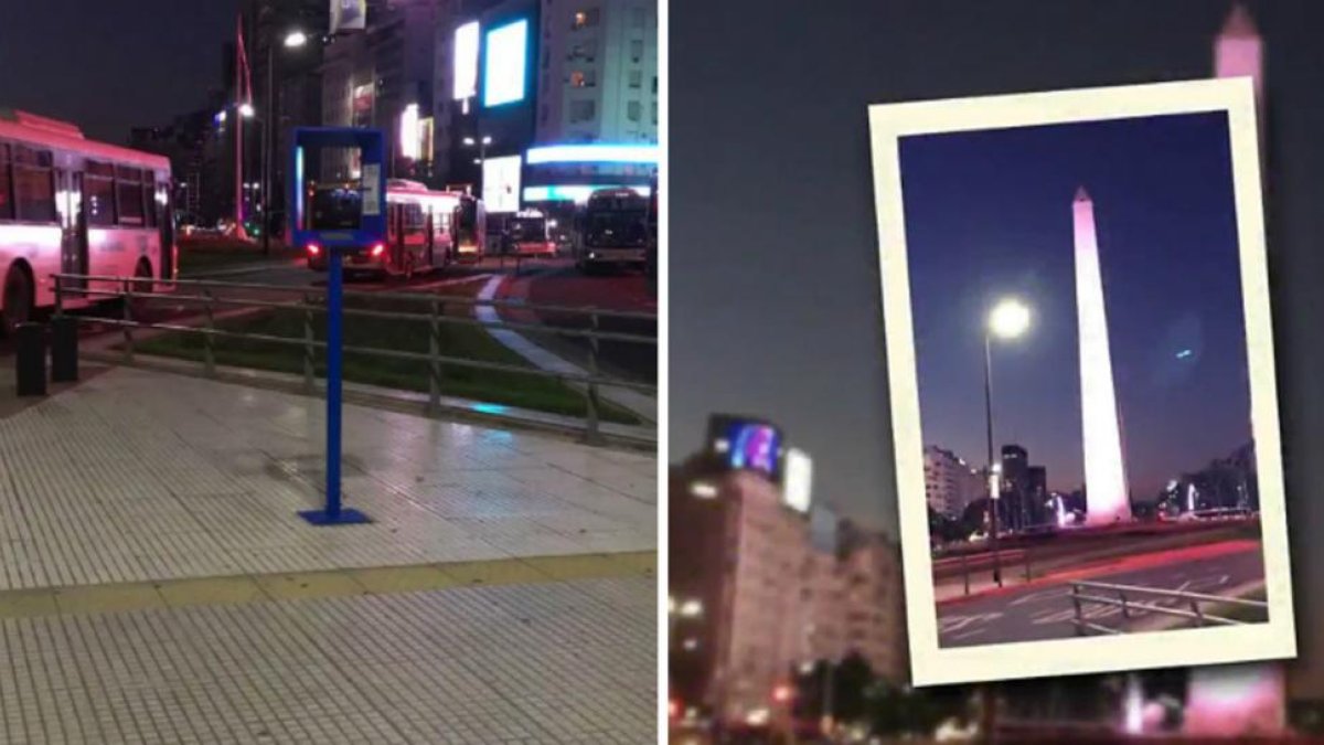 A la izquierda, uno de los postes situado en 20 enclaves de Buenos Aires. Al lado, cómo queda el icónico Obelisco con el invento.