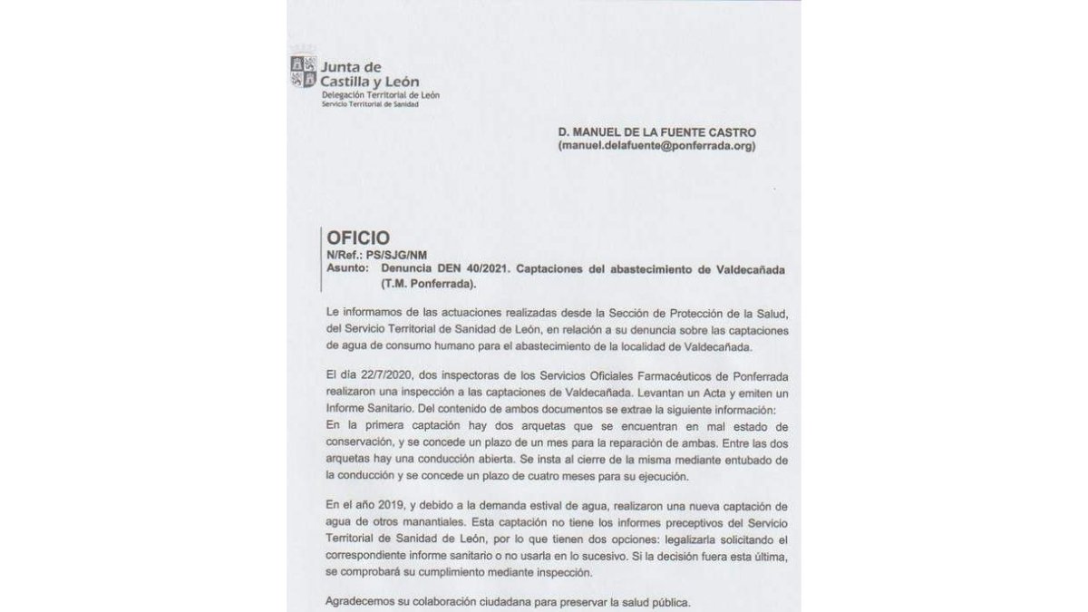 Manuel de la Fuente; a la derecha, contestación de la Junta. DLM/DL