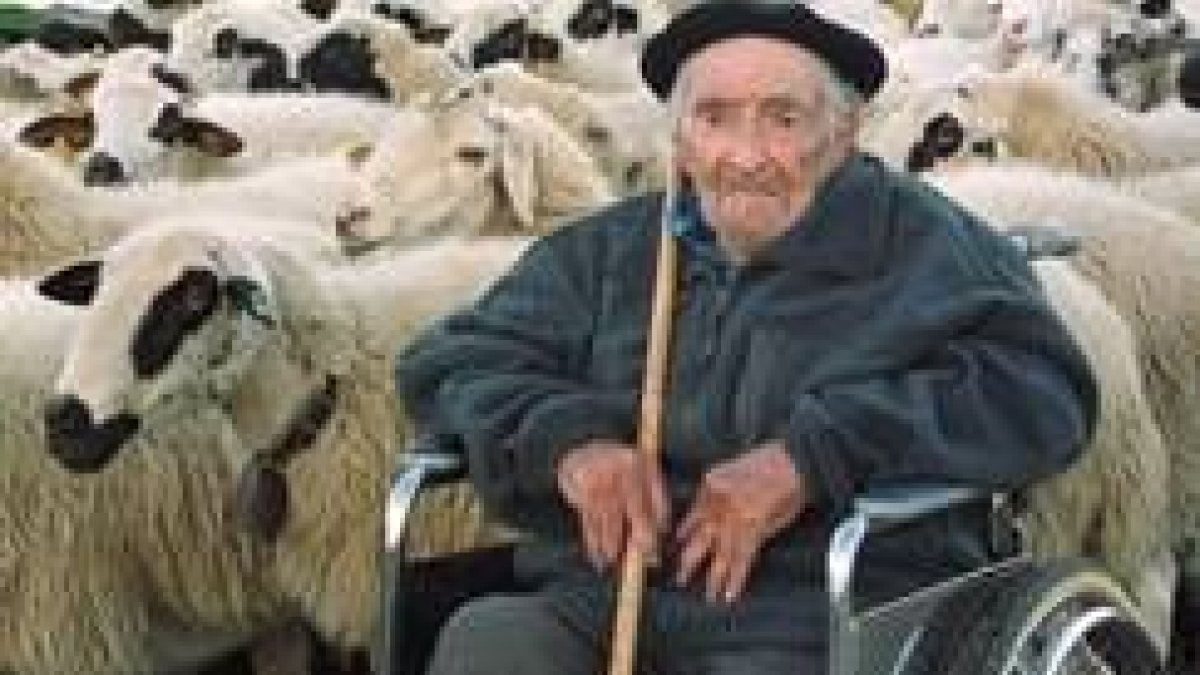 Miguel Rubio González junto a un rebaño de ovejas en su pueblo de Palazuelo de Sayago (Zamora)