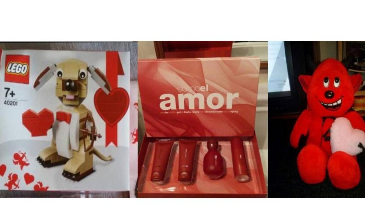 Un perro de Lego, un estuche y un peluche; ideas para un San Valentín 'lowcost'.