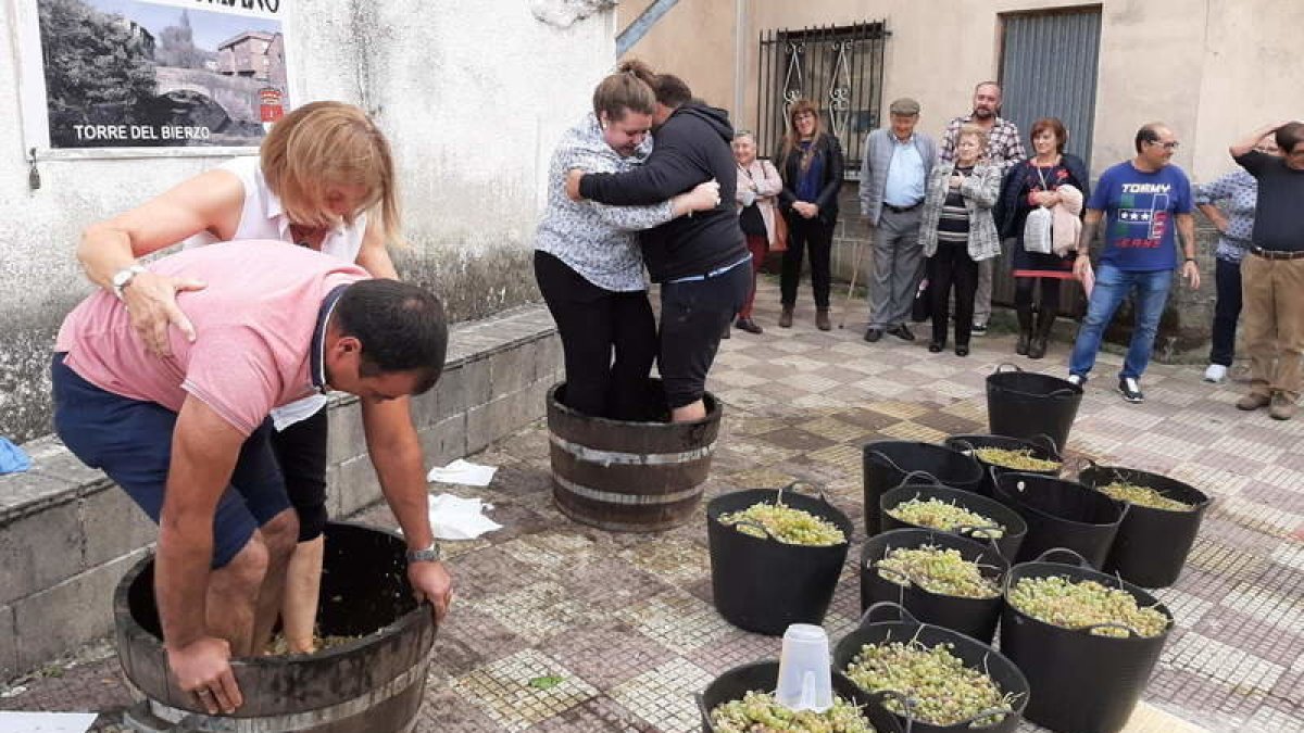 Ocho parejas participaron en la pisada de uvas recuperada ayer en Torre del Bierzo. CEBRONES