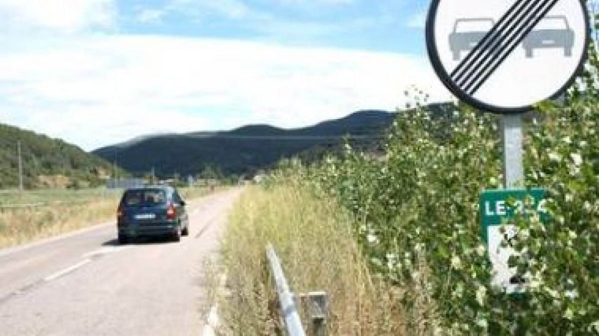La maleza ocupa parte de la calzada de la carretera y cubre las señales.