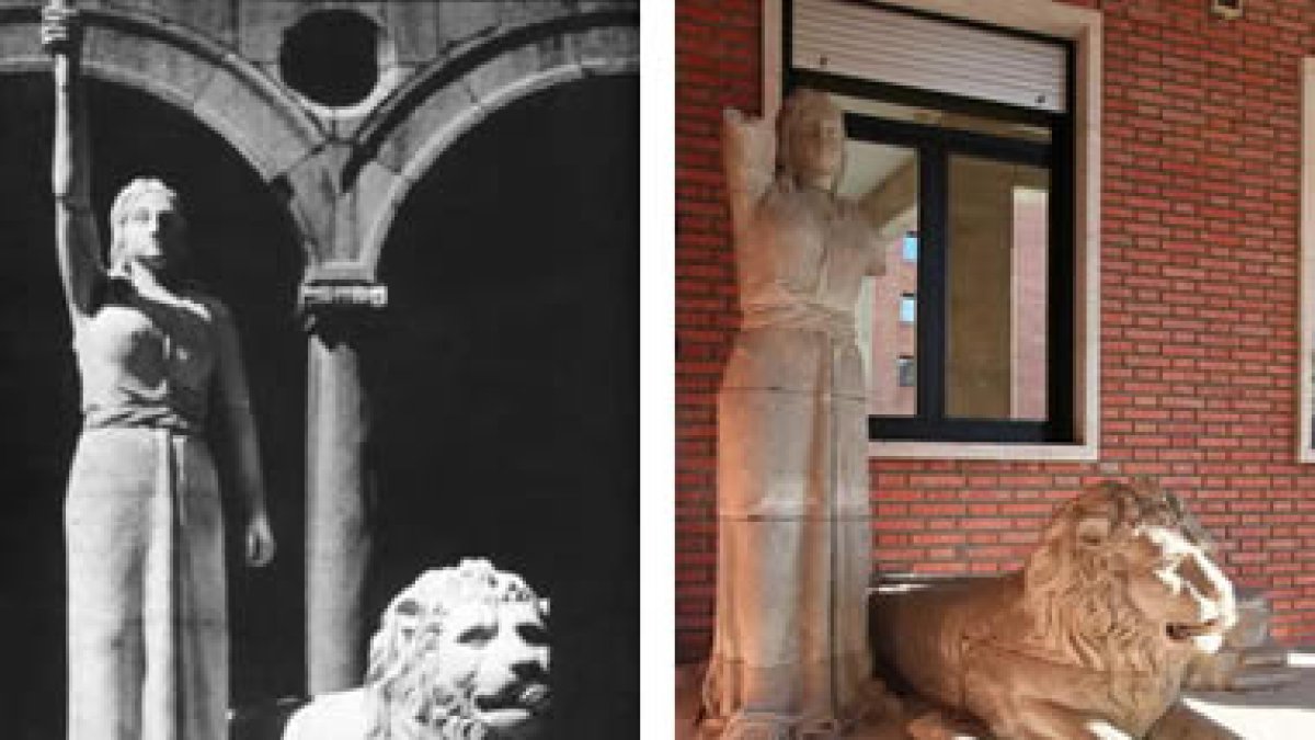 La escultura, tal como presidió el palacio de los Guzmanes de 1932 a 1936 y en su estado actual