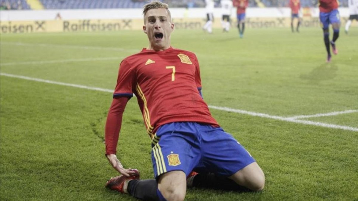 Gerard Deulofeu celebra un gol marcado a Austria en la fase de clasificación.