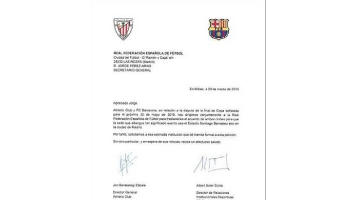 La carta en la que el Barça y el Athletic solicitan formalmente a la Federación Española que la final de Copa se dispute en el Bernabéu.