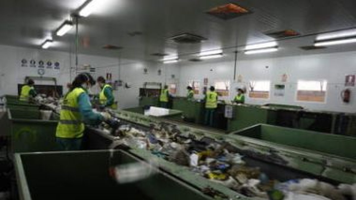Trabajadores del CTR de San Román de la Vega en las cintas de selección de residuos.