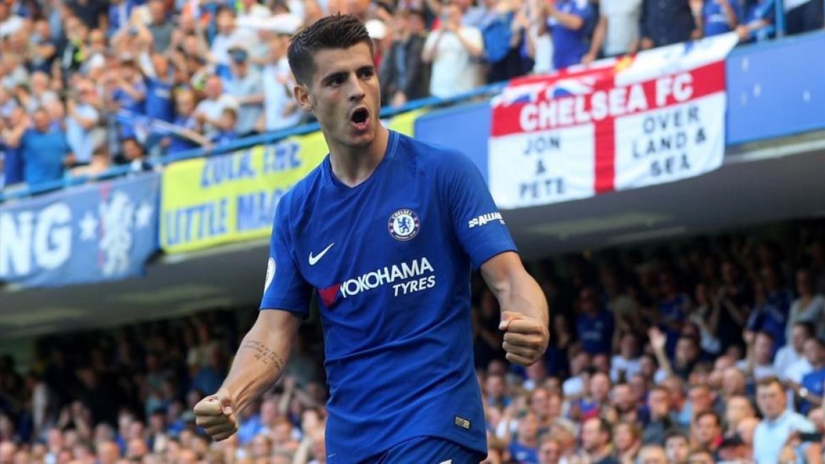 Morata celebra su tanto ante el Everton