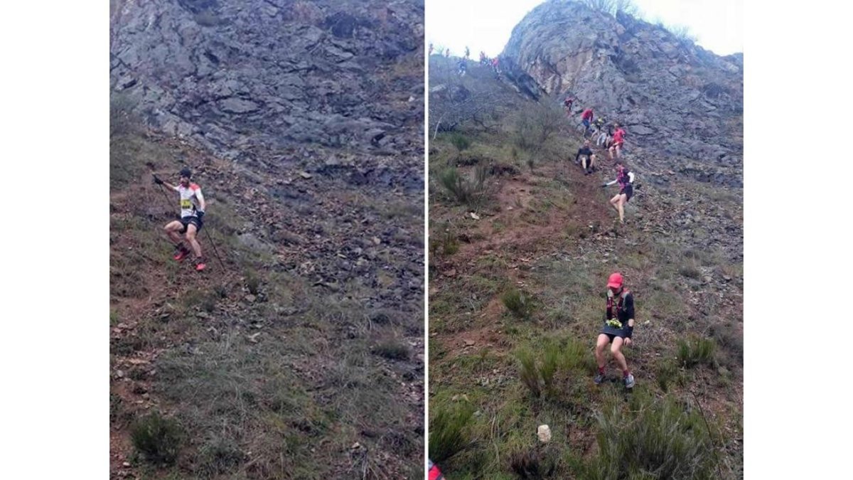 En la foto de la izquierda Pablo Villa, ganador de la presente edición de la Biosfera Trail. A la derecha, un grupo de participantes bajan por una de las empinadas laderas que componían el recorrido de la prueba.