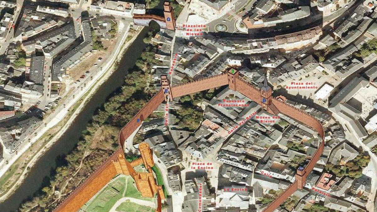 Reconstrucción de la muralla de Ponferrada, con el castillo a la izquierda.
