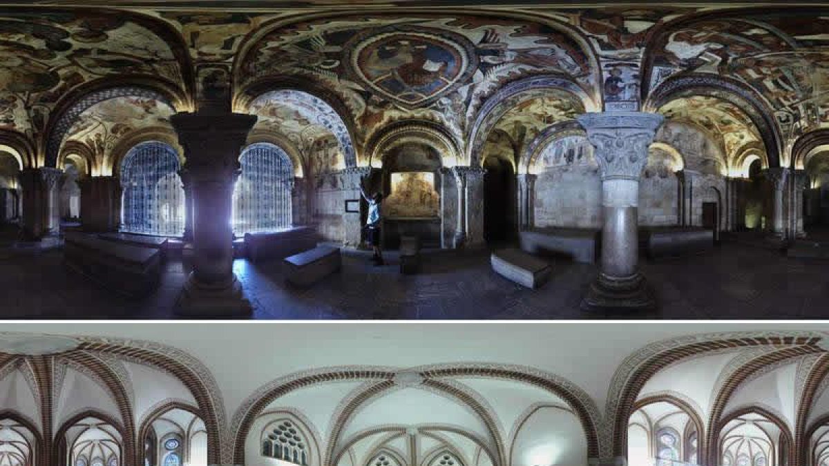 ‘Camino 360º’ permite calzarse las botas de un peregrino sin moverse del sofá. Arriba, San Isidoro, abajo palacio episcopal de Astorga.