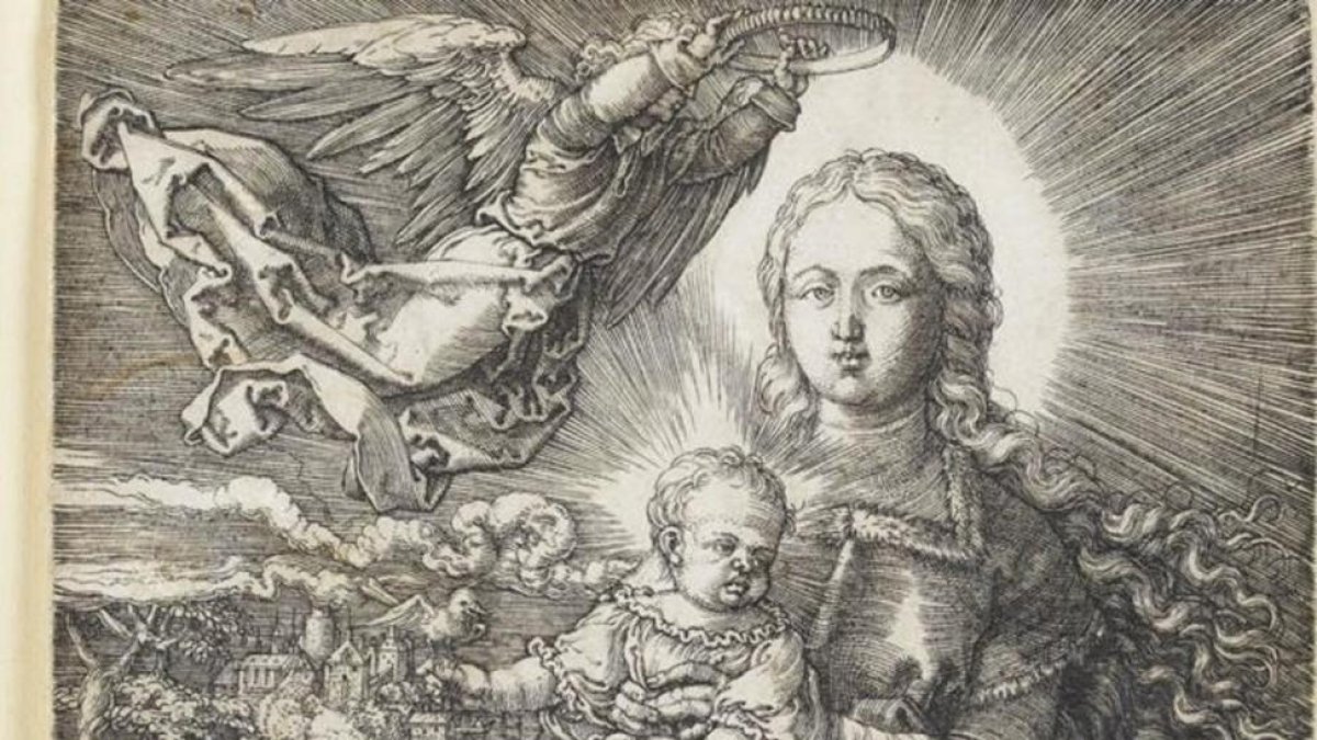 Detalle del grabado 'Maria coronada por un ángel', de Durero.