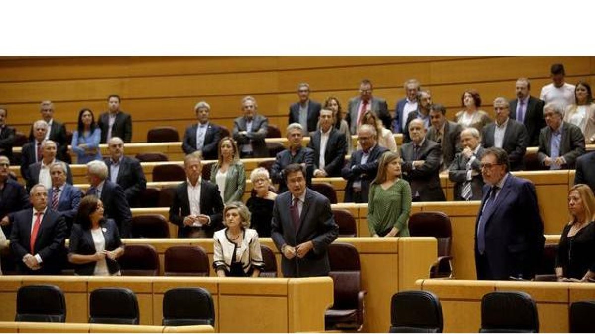 Senadores de la oposición de pie, en protesta por la ausencia de miembros del Gobierno en el Senado.