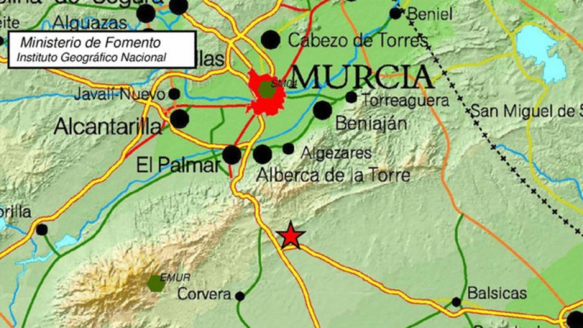 Imagen del Instituto Geográfico Nacional situando el epicentro del terremoto de Murcia.