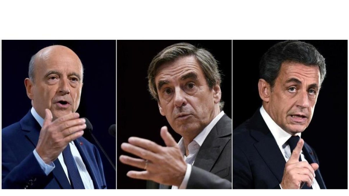 Los tres grandes favoritos en las primarias de la derecha francesa: Juppé (derecha), Fillon (centro) y Sarkozy.