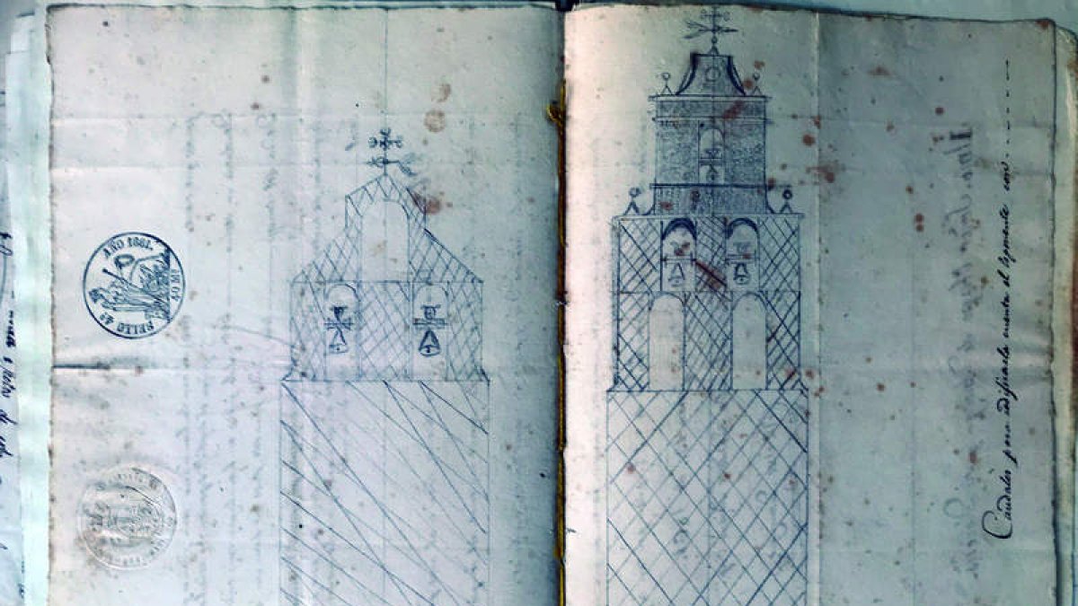 Bocetos del año 1861 de la torre de entonces y de la propuesta para la nueva torre. DL