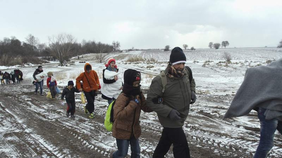 Refugiados caminan hacia un campamento temporal.