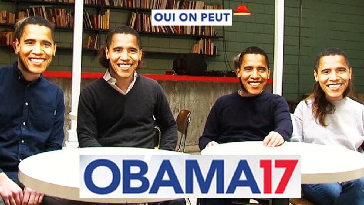 Cuatro activistas que sueñan con tener a Barack Obama como presidente de la República lucen caretas con el rostro del antiguo inquilino de la Casa Blanca.