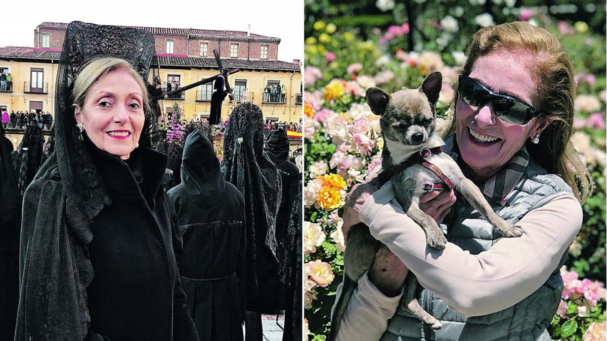 Quiñones vestida de manola en el paso del Nazareno en León; a la derecha, la princesa Ana María posa en el jardín con su perro. DL