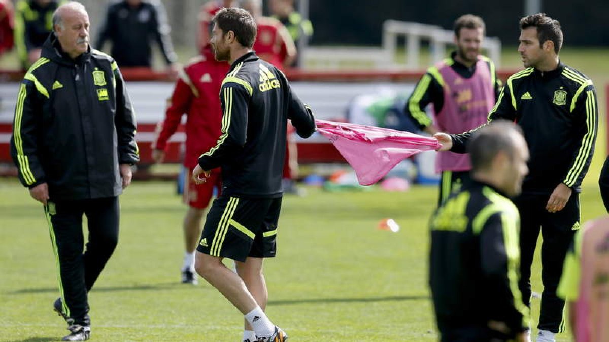 Del Bosque, a la izquierda, quitó el peto de titular a Cesc, derecha, y lo cogió Xabi Alonso.