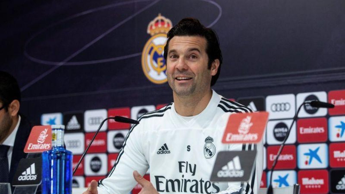 Santiago Solari, técnico del Madrid, este sábado en rueda de prensa.