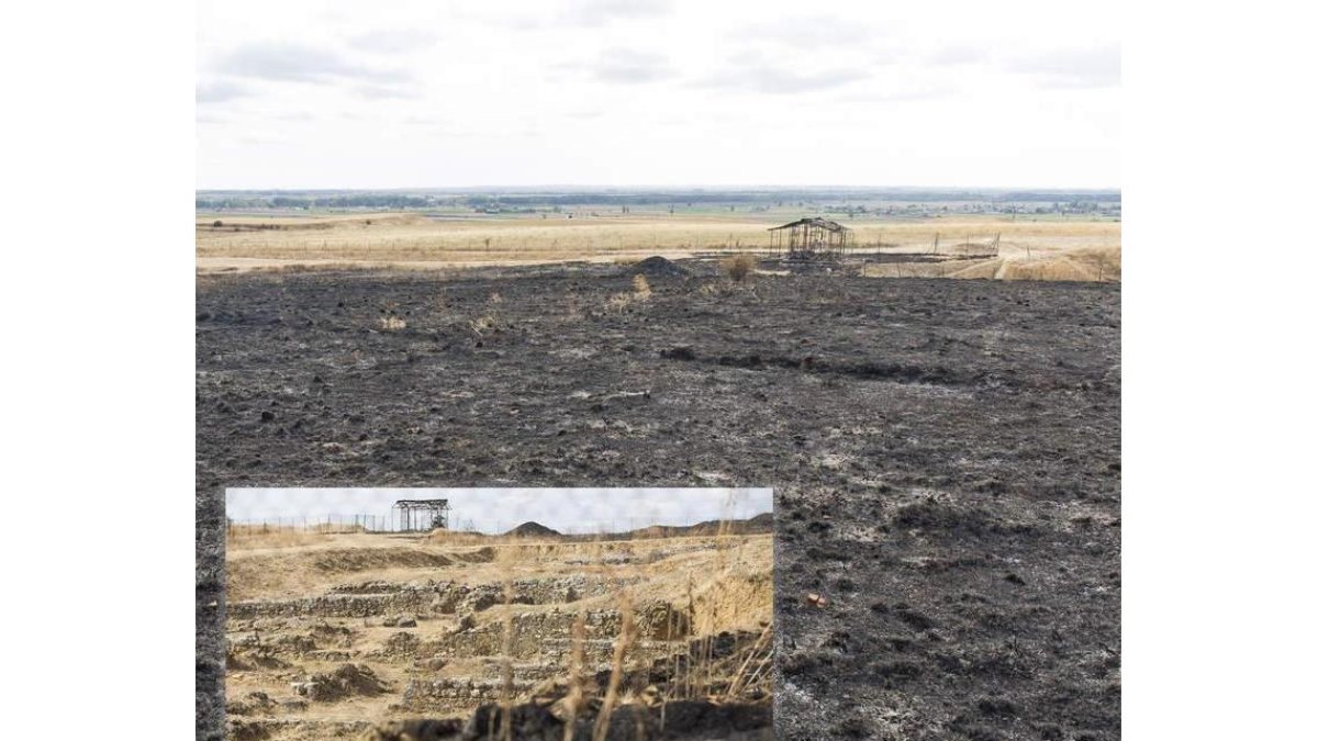 En la foto grande se aprecia la extensión del incendio. En la pequeña se comprueba que los restos han quedado a salvo en medio del paraje calcinado.