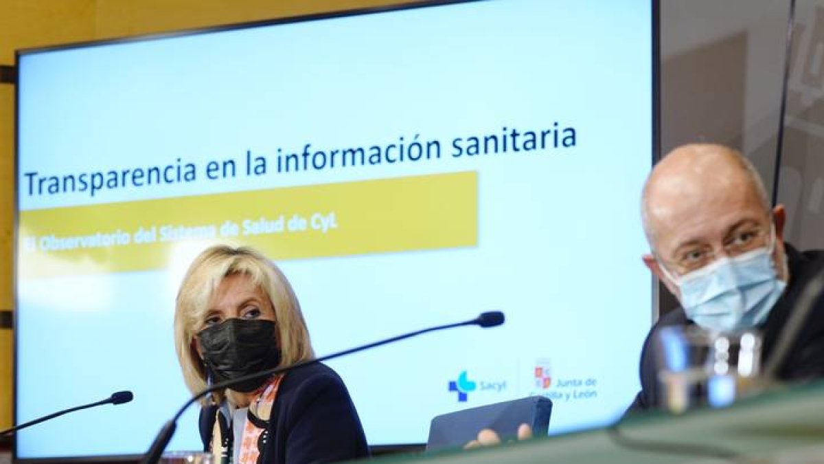 El vicepresidente, portavoz y consejero de Transparencia, Ordenación del Territorio y Acción Exterior, Francisco Igea, junto a la consejera de Sanidad, Verónica Casado, presentan los nuevos indicadores y recursos del Observatorio del Sistema de Salud de Castilla y León. NACHO GALLEGO