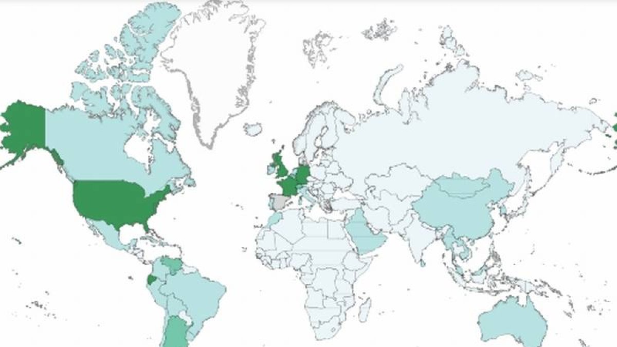 Mapa de los países de destino de la emigración española según los datos del INE entre el 2008 y el primer semestre del 2013