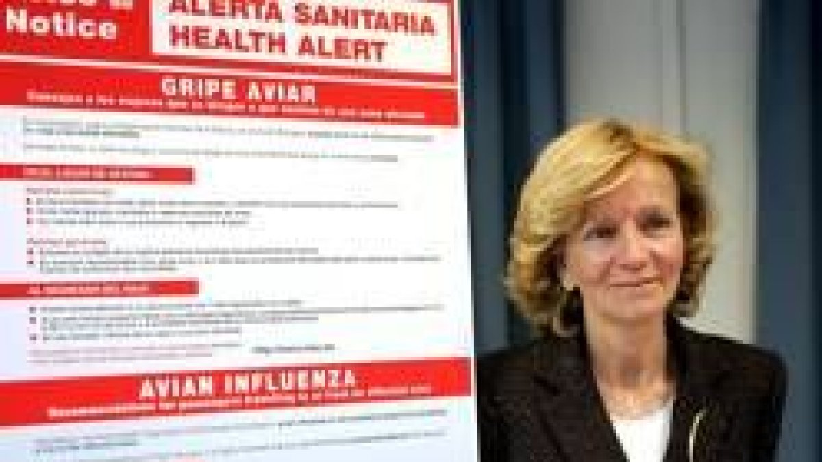 La ministra de Sanidad, Elena Salgado, ante un cartel de alerta sanitaria