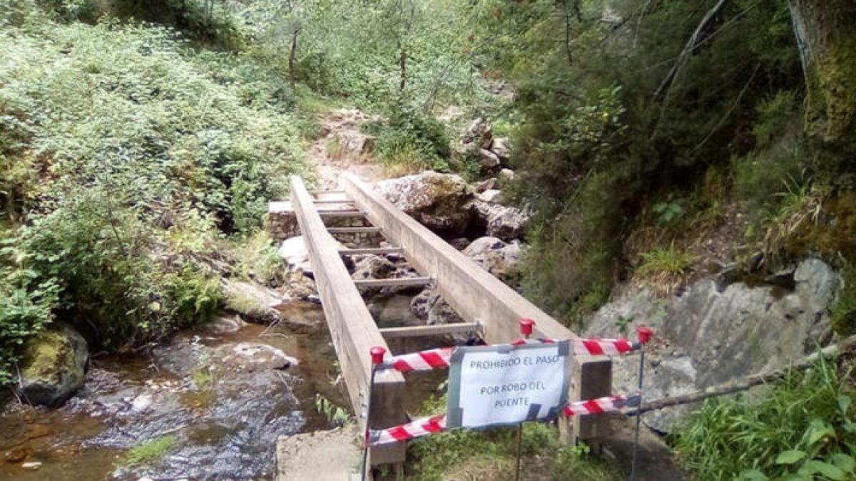 La pasarela metálica que daba acceso a la famosa cascada Cola de Caballo, en Nocedo, ha desaparecido. DL