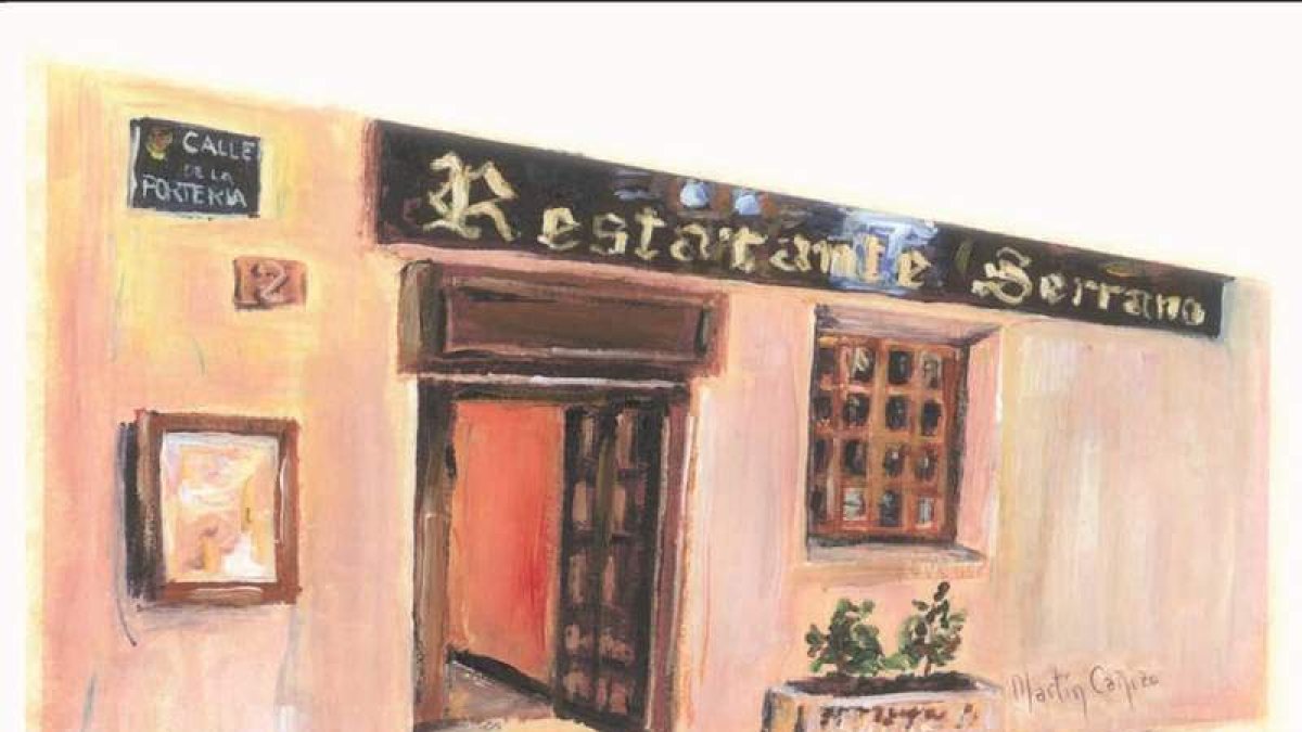 Los Serrano, Jesús, Telvi y sus hijos Miriam y Jesús, dos generaciones en el Restaurante Serrano de Astorga. Arriba, uno de los salones. Abajo, algunos de los platos más afamados.