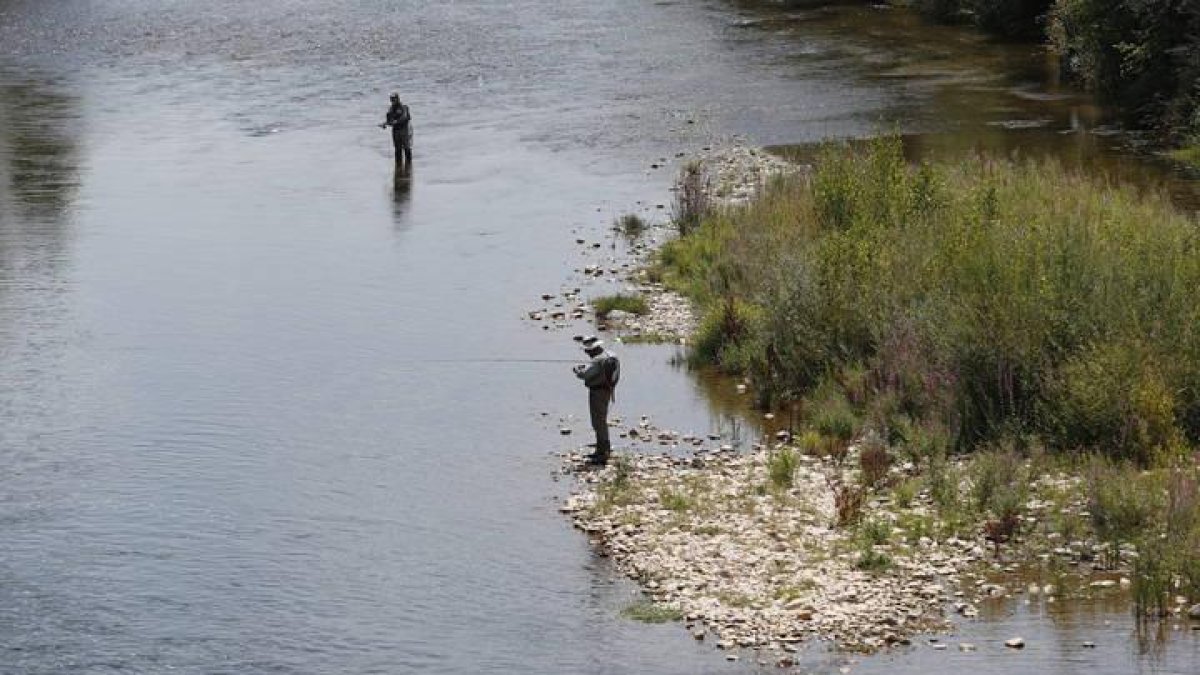 Unos pescadores durante una jornada de pesca en el río Órbigo.