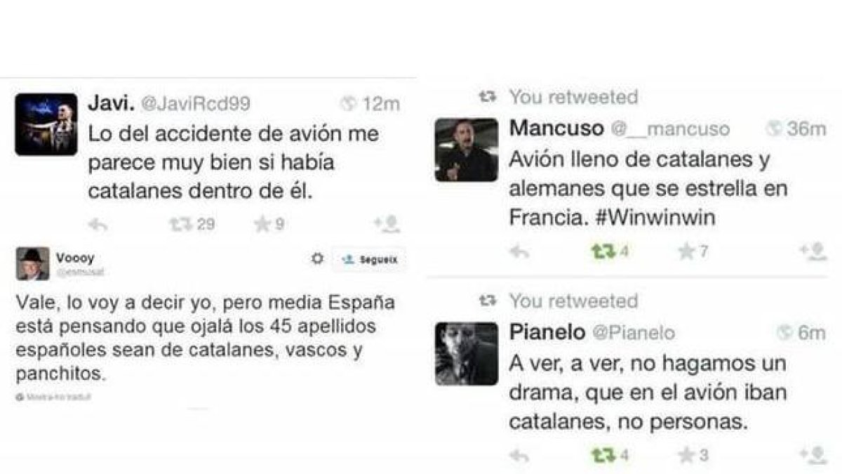 Algunos ejemplos de tuits catalanófobos tras la tragedia de Germanwings.