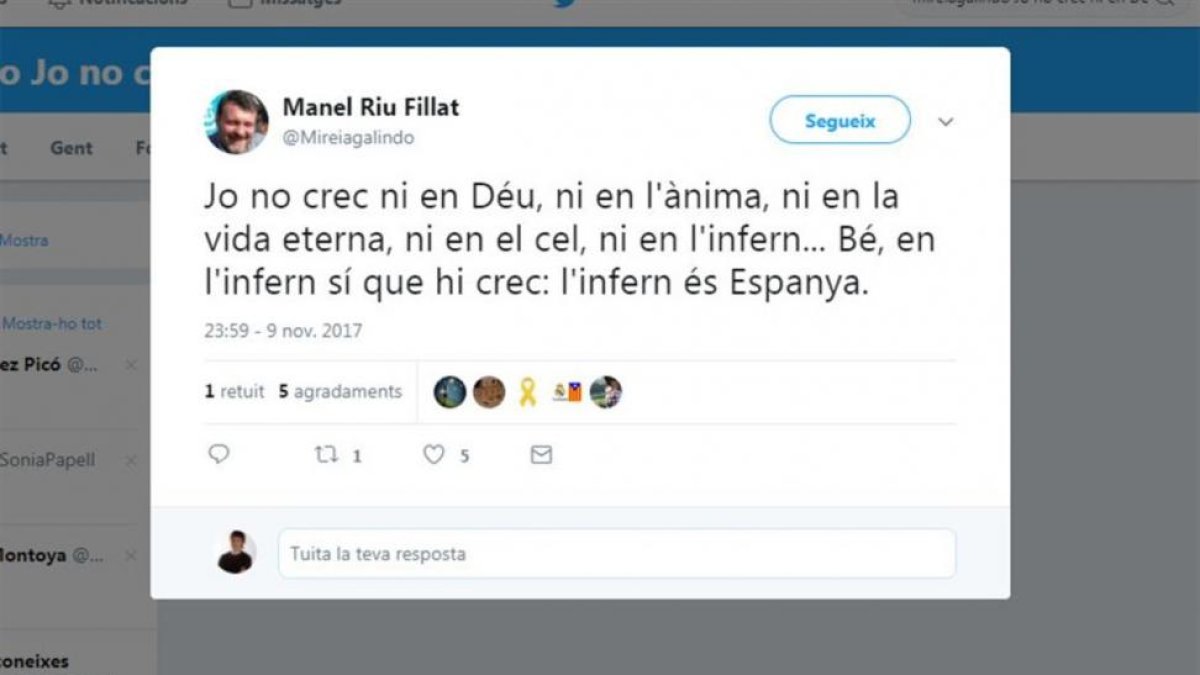 Tuit del profesor de Tremp Manel Riu, citado a declarar en enero por sus críticas a las fuerzas policiales tras el 1-O.