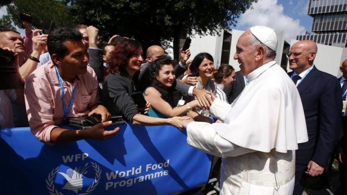 El papa Francisco, este lunes, durante su visita al Programa Mundial de Alimentos de la ONU.