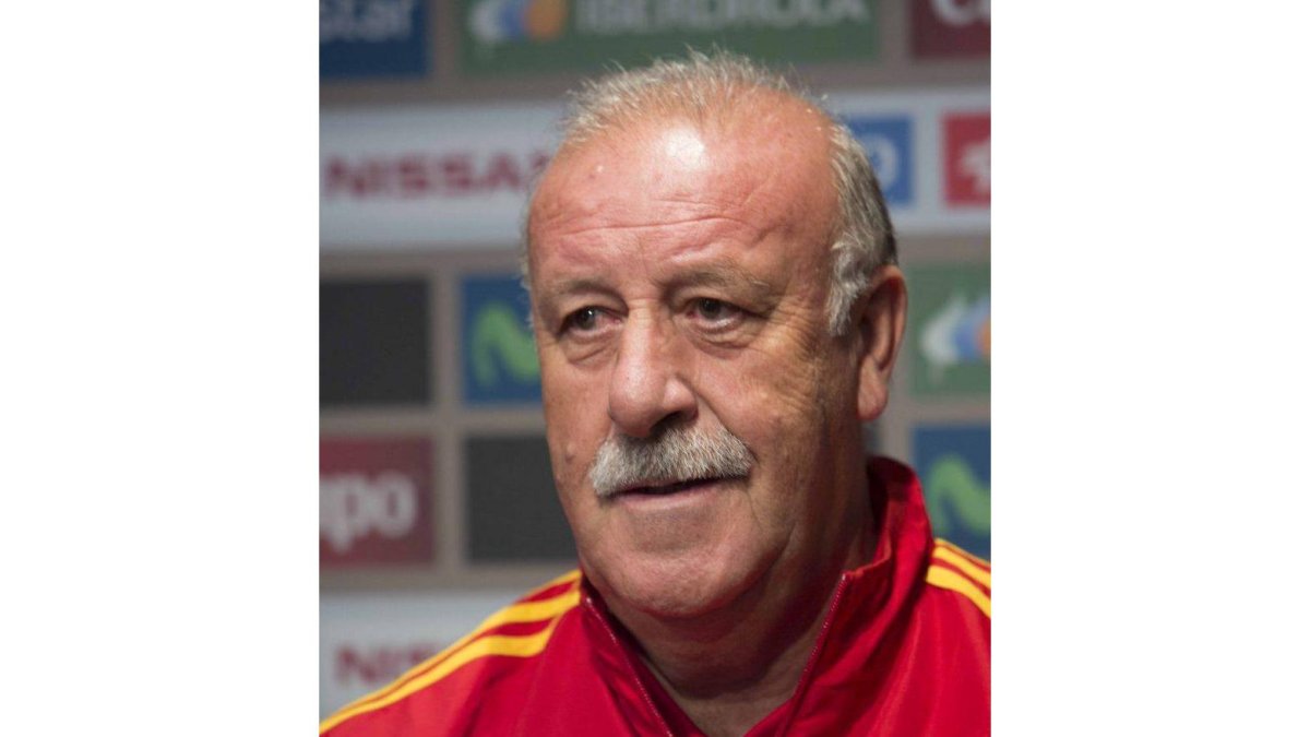 El seleccionador español, Vicente del Bosque, durante la rueda de prensa que ha ofrecido esta mañana en Helsinki.