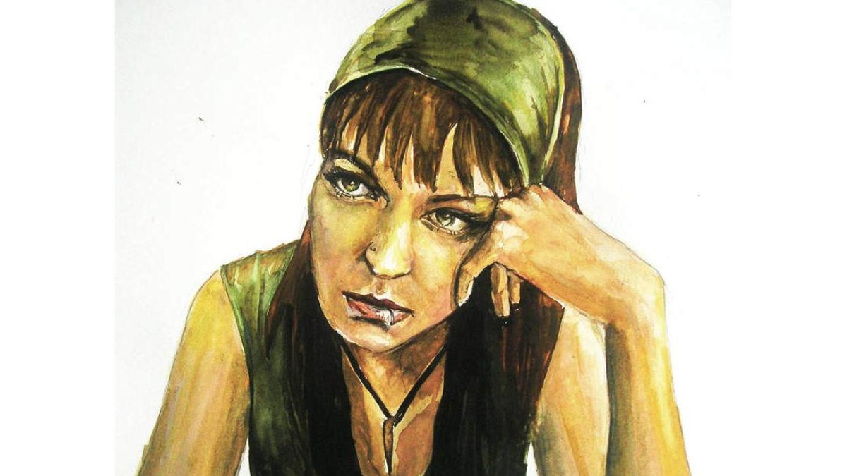 Autorretrato en acuarela, silla y dibujo-collage con técnica mixta de invención propia, y escena de un vídeo que exhibirá a partir del día 21 en el que la artista leonesa eleva, durante casi dos horas, un castillo de naipes.