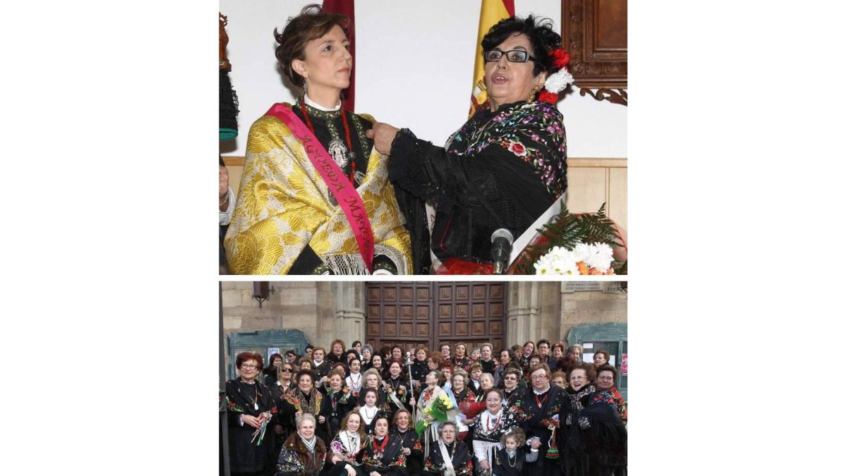 Arriba, María Dolores López y Carmen Castaño, águeda de honor. Debajo, las águedas de Santa María, contra las que arremetió la primera.