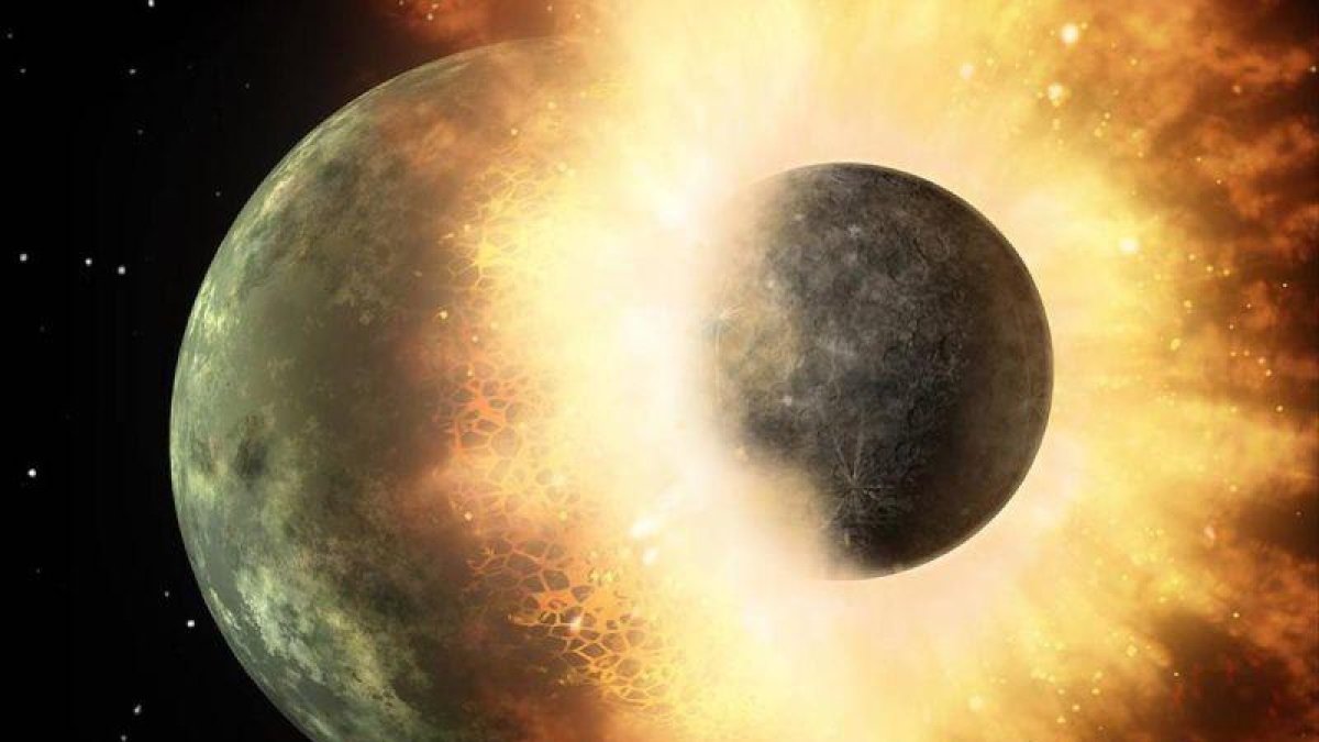 Ilustración gráfica de la hipótesis del gran impacto con el que se cree que se formó la Luna /