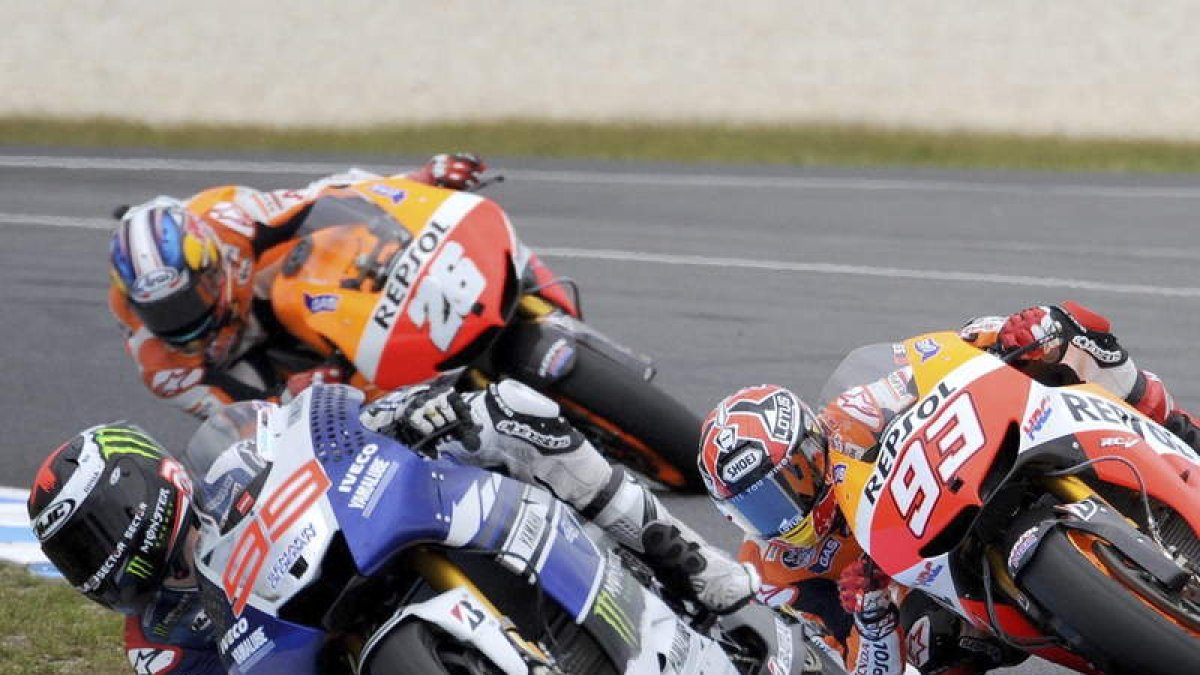 Lorenzo, Márquez y Pedrosa, durante la carrera celebrada en Phillip Island.