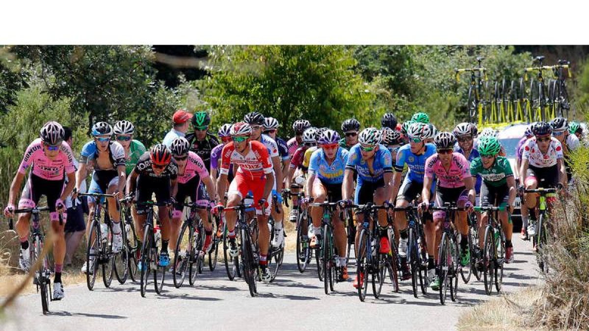El pelotón de la Vuelta Ciclista a León rueda por las carreteras de la provincia en la edición del año pasado. MARCIANO