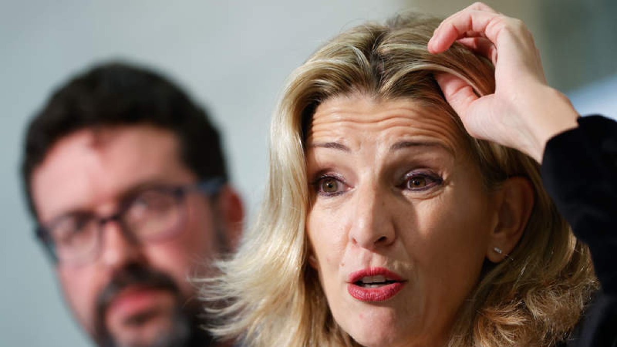 La vicepresidenta Yolanda Díaz, durante una rueda de prensa la pasada semana. MARISCAL