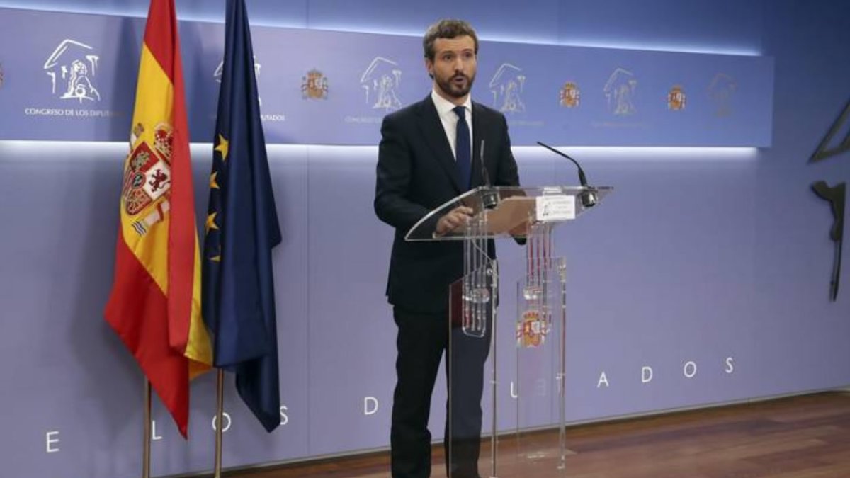 El presidente del Partido Popular Pablo Casado, hoy en rueda de prensa en el Congreso de los Diputados. J.J.Guillén