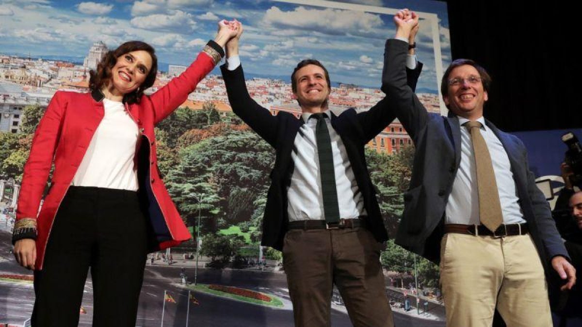 Pablo Casado, durante la presentación de los candidatos del PP a la Comunidad y el Ayuntamiento de Madrid, Isabel Díaz Ayuso y José Luis Martínez-Almeida.
