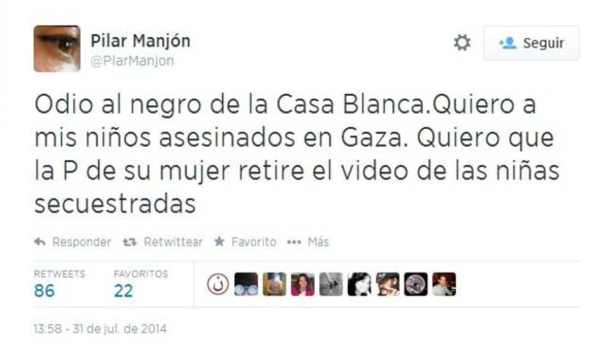 El 'tuit' de Pilar Majón dedicado a Barack Obama.