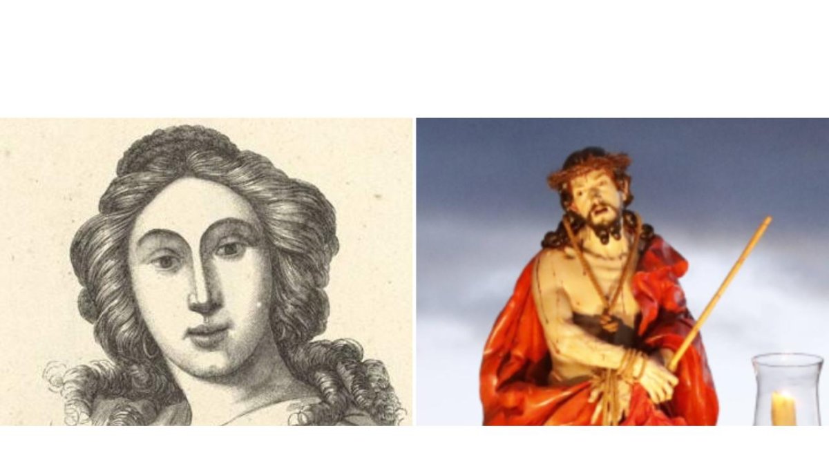 Retrato de la escultora Luisa Roldán ‘La Roldana’. Derecha, ‘Nuestro Padre Jesús de la Misericordia’, atribuida a La Roldana y que procesiona la Cofradía de Nuestro Señor 
Jesús de la Redención. JESÚS F SALVADORES