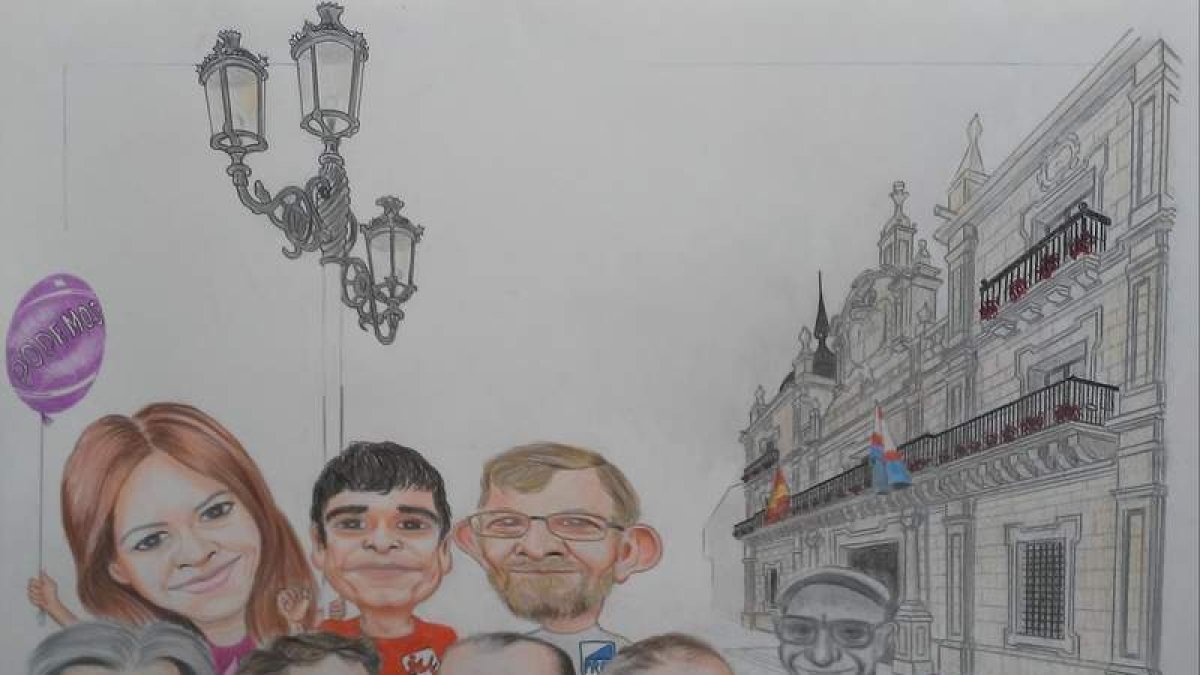Agachados y en primera línea de salida, de izquierda a derecha, Pedro Muñoz (CB), Samuel Folgueral (USE), Marco Morala (PP) y Olegario Ramón (PSOE). Arriba, Lorena González (Podemos), Javier Arias (IU), y Tarsicio Carballo (PRB). Ejerce de juez de línea l