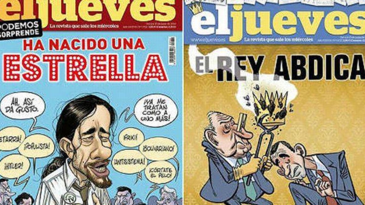 La portada censurada de 'El Jueves' sobre la abdicación de El Rey (derecha) y la de Pablo Iglesias por la que ha sido sustituida en los quioscos.