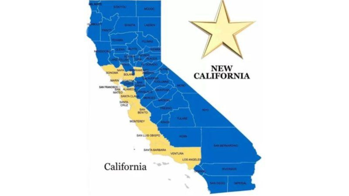 El mapa de la división del estado de California entre Nueva California y Vieja California.