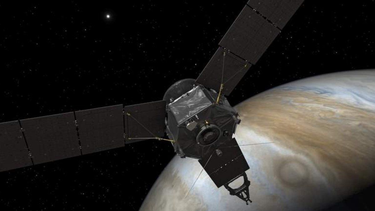 Imagen de la Nasa de la nave Juno llegando a la órbita del plantea Júpiter. NASA
